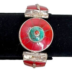 Vintage Tibetan Red Coral Inlay Heavy Statement Turquoise 925 Silver Bracelet